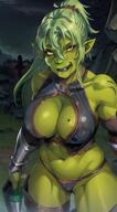 1woman armor bikini_armor breasts cleavage colored_skin covered_nipples goblin green_hair green_skin grin long_hair looking_at_viewer navel orc pointy_ears ponytail smile solo sword tattoo teeth thick_thighs thighhighs thighs weapon // 328x592 // 73.8KB