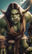 1man beard colored_skin earrings fangs fur_trim gloves jewelry looking_at_viewer male_focus necklace open_mouth orc piercing pointy_ears solo tongue weapon // 840x1408 // 1.5MB