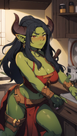 1woman bare_shoulders black_hair blush breasts choker cleavage colored_skin earrings gloves green_skin hoop_earrings horns jewelry large_breasts long_hair navel nose_blush orc pointy_ears red_eyes solo thighs // 800x1408 // 1.2MB