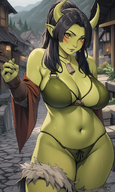 1woman black_hair blue_skin blush bra breasts cleavage colored_skin fur fur_trim goblin green_skin grey_skin horns large_breasts long_hair looking_at_viewer monster_woman navel o-ring o-ring_top orc panties pointy_ears ponytail red_eyes solo thighs underwear // 840x1408 // 1.4MB
