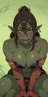 1woman armlet bangs bare_shoulders blush breasts cleavage collarbone colored_skin dark_orc ear_piercing earrings fangs from_above goblin green_background green_eyes green_skin hair_between_eyes jewelry large_breasts long_hair long_pointy_ears looking_at_viewer navel open_mouth orc piercing pointy_ears ponytail sitting solo swimsuit teeth thighs v_arms // 400x800 // 81.9KB
