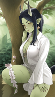 1woman black_hair breasts colored_skin earrings fingernails grass horns jewelry long_fingernails long_hair makeup nail_polish orange_nails plant pointy_ears red_nails sharp_fingernails sitting solo tree // 800x1408 // 1.2MB