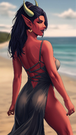 1woman ass back bare_shoulders beach black_hair blue_sky blurry blurry_background breasts cloud cloudy_sky colored_skin depth_of_field dress earrings from_behind hoop_earrings horizon horns jewelry long_hair looking_at_viewer looking_back ocean outdoors pointy_ears ponytail red_dress red_skin sand shore side_slit sky solo sunset thighs water // 800x1408 // 1.1MB