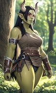 1woman bare_shoulders belt belt_buckle black_hair blurry blurry_background breasts colored_skin depth_of_field earrings forest gloves grass horns jewelry jungle large_breasts long_hair looking_at_viewer muscular muscular_female nature outdoors pointy_ears red_eyes solo tank_top tree // 840x1408 // 1.4MB