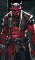 1man abs belt colored_skin fingerless_gloves horns looking_at_viewer male_focus muscular navel red_gloves red_jacket red_skin solo // 840x1408 // 1.3MB