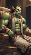 1man abs bara colored_skin facial_tattoo green_skin jewelry large_pectorals male_focus muscular muscular_female muscular_male necklace nipples orc pectorals pointy_ears sitting solo // 800x1408 // 1.2MB