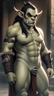1man abs bara black_hair bulge earrings eyepatch fur_trim horns jewelry large_pectorals male_focus muscular muscular_male navel necklace nipples pectorals penis solo thick_thighs thighs // 800x1408 // 1.1MB