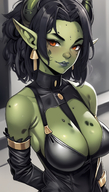 1woman bare_shoulders black_hair breasts cleavage collarbone colored_skin ear_piercing earrings green_skin horns jewelry large_breasts lips looking_at_viewer mole mole_on_breast orc piercing pointy_ears red_eyes solo upper_body // 800x1408 // 1.2MB