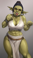 1woman abs bare_shoulders black_hair black_sclera breasts cleavage colored_sclera colored_skin ear_piercing earrings fangs green_skin grey_background grey_skin hoop_earrings jewelry long_skirt looking_at_viewer midriff muscular muscular_female navel orc pelvic_curtain piercing pointy_ears red_eyes sharp_teeth solo standing teeth thick_thighs thighs toned tongue tongue_out wide_hips // 800x1408 // 1023.7KB