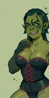 1woman black_hair breasts cleavage colored_skin corset fangs green_background green_skin large_breasts long_hair orc pointy_ears smile solo teeth trembling // 400x800 // 74.6KB