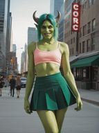 1woman building city cityscape earrings green_hair horns photo_background piercing realistic skirt skyscraper solo_focus street // 968x1296 // 1.3MB