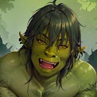 1man colored_skin dappled_sunlight earrings fangs grass green_skin green_theme jungle looking_at_viewer male_focus nature open_mouth piercing pubic_hair solo teeth tongue tongue_out tree // 528x528 // 93.9KB