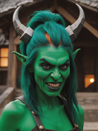 1woman blurry blurry_background blurry_foreground colored_skin depth_of_field green_hair green_skin horns looking_at_viewer motion_blur pointy_ears solo teeth // 968x1296 // 1.4MB