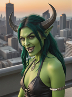 1woman armband blurry blurry_background blurry_foreground breasts building city cleavage depth_of_field fangs green_hair horns jewelry long_hair looking_at_viewer motion_blur necklace open_mouth photo_(medium) photo_background pointy_ears realistic skyscraper solo teeth upper_body // 968x1296 // 1.4MB