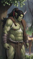 1man abs bamboo bara black_hair branch colored_skin forest fur_collar fur_trim horns jewelry long_hair male_focus muscular muscular_male nature navel necklace nipples outdoors palm_tree pectorals pointy_ears ponytail solo tree // 800x1408 // 1.3MB