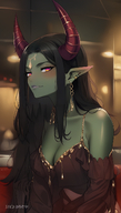 1woman bare_shoulders black_hair blurry blurry_background breasts cleavage colored_skin depth_of_field earrings horns jewelry long_hair looking_at_viewer medium_breasts navel parted_lips pointy_ears solo // 800x1408 // 1.0MB