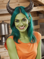 1woman blurry blurry_background blurry_foreground breasts chair depth_of_field ear_piercing earrings fangs green_hair horns indoors jewelry long_hair looking_at_viewer nose open_mouth orange_shirt photo_(medium) piercing realistic sharp_teeth shirt smile solo teeth upper_body // 968x1296 // 1.4MB