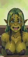 1woman blue_eyes breasts cleavage collarbone colored_skin dark_orc drooling fangs green_hair green_skin large_breasts long_hair looking_at_viewer open_mouth orc pointy_ears solo teeth // 400x800 // 93.6KB