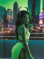 1woman black_hair blurry blurry_background building city city_lights cityscape colored_skin depth_of_field horns long_hair looking_at_viewer night photo_background realistic skyline skyscraper solo // 928x1240 // 1.2MB