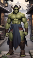 1man abs building chest_hair clenched_hands colored_skin cow_horns full_body green_skin horns jewelry loincloth male_focus muscular muscular_female muscular_male necklace orc pectorals solo thick_thighs thighs // 800x1408 // 1.3MB