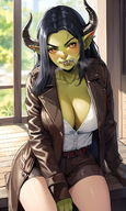 1woman belt black_hair breasts breath cleavage collarbone colored_skin drooling fangs gloves horns indoors jacket large_breasts long_hair looking_at_viewer open_clothes orange_eyes pointy_ears saliva sharp_teeth shirt shorts sitting solo teeth white_shirt window // 840x1408 // 1.3MB