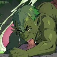1man colored_skin cum ejaculation electricity erection facial fellatio goblin green_hair green_skin lightning male_focus muscular oral orc penis pointy_ears projectile_cum smoke solo_focus uncensored veins veiny_penis // 528x528 // 88.6KB