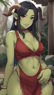 1woman black_choker black_hair blurry blurry_background bracelet breasts choker cleavage colored_skin covered_nipples earrings hoop_earrings horns jewelry large_breasts long_hair looking_at_viewer midriff navel palm_tree parted_lips plant pointy_ears potted_plant red_choker red_eyes red_skin skirt solo standing sweat tree // 800x1408 // 1.2MB