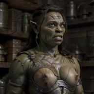 1woman 3d animal animal_on_shoulder armor blurry blurry_background blurry_foreground breasts depth_of_field earrings jewelry long_hair looking_at_viewer medium_breasts nipple_piercing nipples orc pauldrons photorealistic piercing pointy_ears realistic shoulder_armor solo upper_body // 512x512 // 76.2KB
