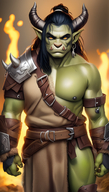 1man belt belt_buckle black_hair breathing_fire buckle burning campfire candle colored_skin earrings embers explosion fiery_hair fire flame glowing horns jewelry male_focus molten_rock muscular orc pectorals pointy_ears pyrokinesis solo torch // 800x1408 // 1.4MB