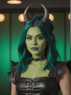 1woman blurry blurry_background breasts choker collar collarbone depth_of_field green_hair horns lips looking_at_viewer realistic solo teeth upper_body // 928x1240 // 1.3MB