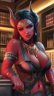 1woman blurry blurry_background bookshorc breasts cleavage colored_skin horns jewelry large_breasts library lips looking_at_viewer navel necklace pointy_ears red_eyes red_hair red_skin smile solo // 800x1408 // 1.3MB