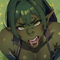 1woman :p breasts dappled_sunlight grass green_eyes green_hair green_theme long_hair orc pointy_ears saliva solo tongue tongue_out // 512x512 // 78.0KB