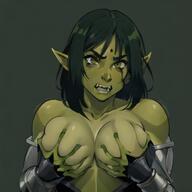 1woman breast_grab breast_lift breasts colored_skin covering_breasts deep_skin disembodied_limb goblin grabbing grabbing_from_behind grabbing_own_breast green_background green_skin groping guided_breast_grab large_breasts orc pointy_ears solo_focus sorc_fondle teeth // 512x512 // 60.9KB