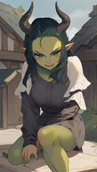 1woman bench black_hair breasts horns long_hair looking_at_viewer pantyhose pointy_ears sharp_teeth sitting smile solo teeth // 800x1408 // 1.1MB