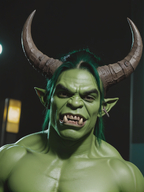 1man colored_skin earrings facial_hair fangs green_skin horns jewelry looking_at_viewer male_focus orc pointy_ears solo teeth // 928x1240 // 1.2MB