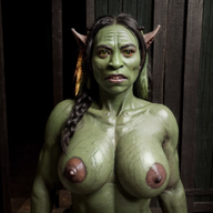 1woman areolae braid breasts colored_skin green_skin horns large_breasts lips long_hair looking_at_viewer nipples nose orc pointy_ears realistic single_braid solo upper_body // 992x992 // 1.1MB