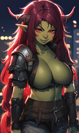 1woman armor belt breasts cleavage collarbone colored_skin gauntlets horns large_breasts long_hair looking_at_viewer navel pointy_ears red_eyes red_hair scar scar_on_face smile solo teeth // 840x1408 // 1.3MB