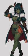 1woman belt blue_eyes breasts colored_skin dark-skinned_female dark_skin full_body fur_collar fur_trim gloves gradient gradient_background green_skin grey_background long_hair looking_at_viewer medium_breasts orc pointy_ears solo standing thigh_strap thighhighs tongue tongue_out // 400x800 // 76.8KB
