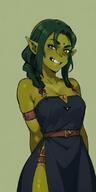 1woman arms_behind_back bare_shoulders belt belt_buckle braid breasts buckle cleavage colored_skin dress green_background green_skin grin hair_over_shoulder long_hair looking_at_viewer medium_breasts orc pointy_ears smile solo teeth // 400x800 // 66.3KB
