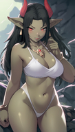 1woman bare_shoulders bikini black_hair bracelet breasts cleavage collarbone earrings highleg horns jewelry large_breasts long_hair looking_at_viewer navel necklace pointy_ears red_eyes solo swimsuit // 800x1408 // 1.1MB