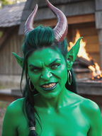 1woman 3d blurry blurry_background blurry_foreground building colored_skin depth_of_field earrings fangs focused green_eyes green_skin horns jewelry long_hair looking_at_viewer motion_blur photo_(medium) photo_background piercing pointy_ears solo teeth // 928x1240 // 1.3MB
