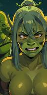 1woman breasts colored_skin green_hair green_skin green_theme long_hair looking_at_viewer pointy_ears smile solo star_(sky) // 400x800 // 102.3KB