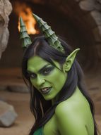 1woman blurry blurry_background blurry_foreground colored_skin depth_of_field fangs green_skin horns long_hair looking_at_viewer motion_blur nose photo_(medium) pointy_ears solo teeth // 968x1296 // 1.3MB
