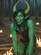 1woman black_hair blurry blurry_background campfire candle cave colored_skin depth_of_field fangs fire flame forest green_skin grey_skin horns leaning_forward looking_at_viewer nature open_mouth pointy_ears sharp_teeth solo teeth tree // 968x1296 // 1.3MB