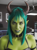1woman blurry blurry_background collar collarbone depth_of_field fangs green_hair horns long_hair looking_at_viewer monitor photo_(medium) pointy_ears realistic solo spikes teeth // 968x1296 // 1.4MB