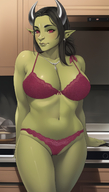1woman black_hair bow bra breasts colored_skin curvy earrings green_skin horns indoors jewelry large_breasts looking_at_viewer navel necklace oni oni_horns panties pointy_ears short_hair sitting skin-covered_horns solo standing thighs underwear underwear_only // 800x1408 // 998.4KB