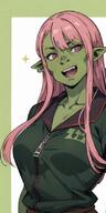 1woman arms_behind_back blue_skin breasts collarbone colored_skin green_skin grey_skin hood long_hair looking_at_viewer open_mouth pink_eyes pink_hair pointy_ears solo star_(symbol) teeth upper_body // 400x800 // 97.6KB