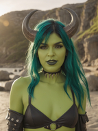 1woman beach blurry blurry_background breasts cleavage depth_of_field elbow_gloves fangs green_hair horns lips long_hair looking_at_viewer medium_breasts outdoors realistic smile solo teeth upper_body // 968x1296 // 1.4MB