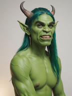 1man abs colored_skin fangs gradient gradient_background green_skin grey_background horns long_hair looking_at_viewer male_focus muscular nipples orc pectorals pointy_ears realistic solo teeth upper_body // 928x1240 // 1.3MB