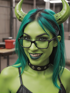 1woman bespectacled black-framed_eyewear black_collar blurry blurry_background blurry_foreground collar collarbone depth_of_field glasses green_hair horns long_hair looking_at_viewer motion_blur open_mouth smile solo spikes teeth // 928x1240 // 1.4MB